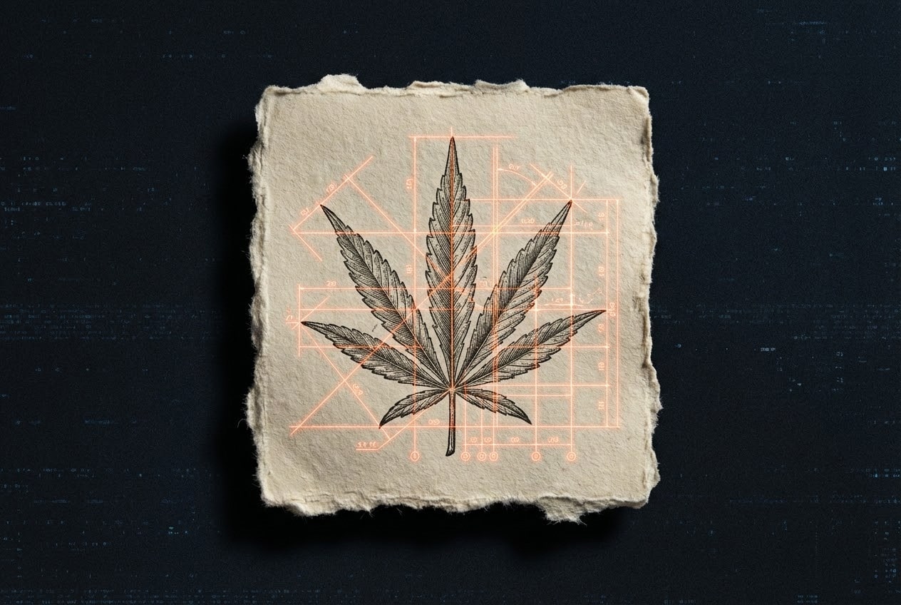 Mixed media collage featuring a vintage hemp leaf with technical blueprint overlays, symbolizing the precision and compliance needed for modern CBD marketing.