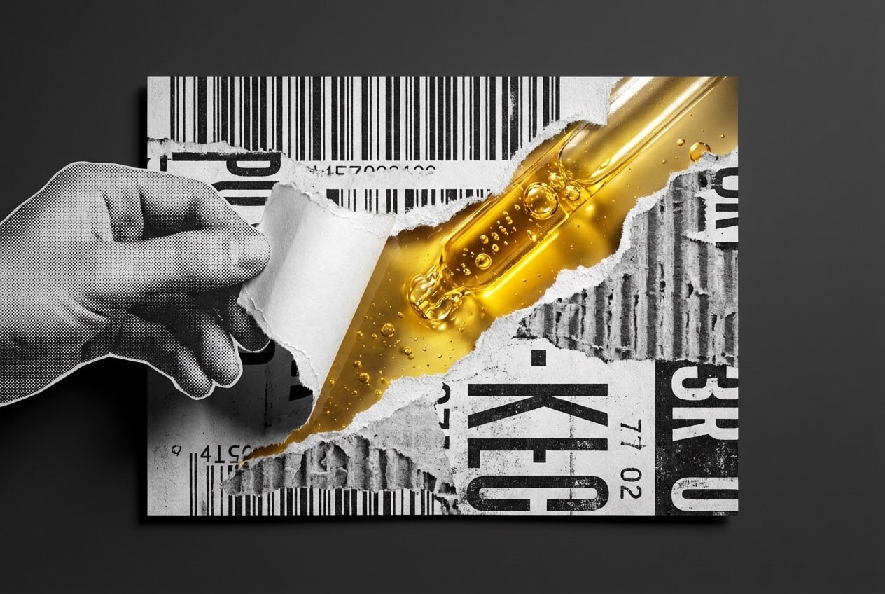 Conceptual editorial collage illustrating Private Label CBD Vs. Dropshipping where a generic shipping label is torn to reveal premium golden oil