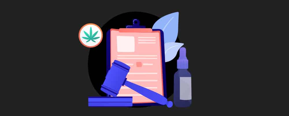 Laws listed next to a gavel and  CBD Bottle