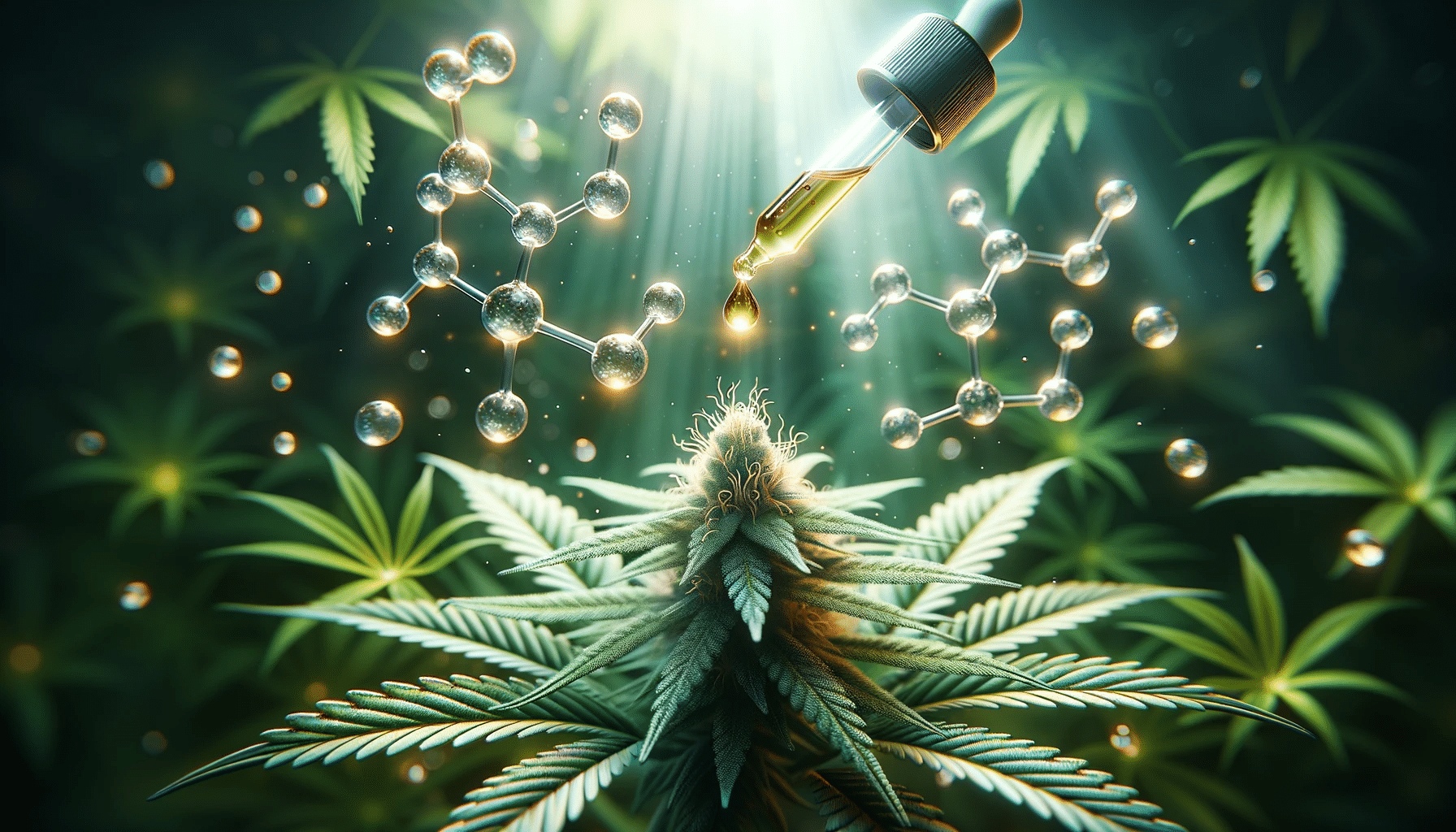 A Cannabis sativa plant, bathed in soft focus, provides a lush and vibrant background. The main subject is a dropper in sharp focus, releasing a radiant drop of CBD oil that captures and refracts the light. Floating above are delicate, semi-transparent molecular structures, illustrating the essence of CBD. The entire scene's lighting is orchestrated to make the CBD oil drop shine and stand out.