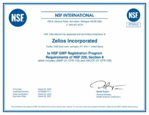 Zelios Certificate NSF GMP 2020