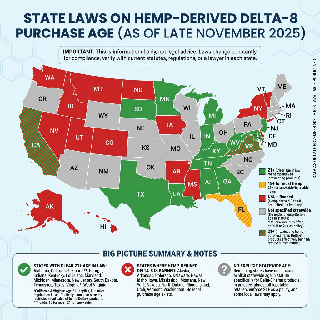A 50-state map infographic titled 'Hemp-Derived Delta-8 Legal Age by State (November 2025).' The map color-codes states based on legal purchase age requirements.

Green (21+ Requirement): Alabama, Georgia, Indiana, Kentucky, Louisiana, Maryland, Michigan, Minnesota, New Jersey, South Dakota, Tennessee, Texas, Virginia, West Virginia, and Florida (smokable).

Red (Banned/Illegal): Alaska, Arkansas, Colorado, Delaware, Hawaii, Idaho, Iowa, Mississippi, Montana, Nevada, New York, North Dakota, Rhode Island, Utah, Vermont, Washington.

Grey (No Statewide Age/Gray Area): Arizona, Connecticut, Illinois, Kansas, Maine, Massachusetts, Missouri, Nebraska, New Hampshire, New Mexico, North Carolina, Ohio, Oklahoma, Oregon, Pennsylvania, South Carolina, Wisconsin, Wyoming.

Note: Data is valid as of late November 2025. Always check local regulations.
