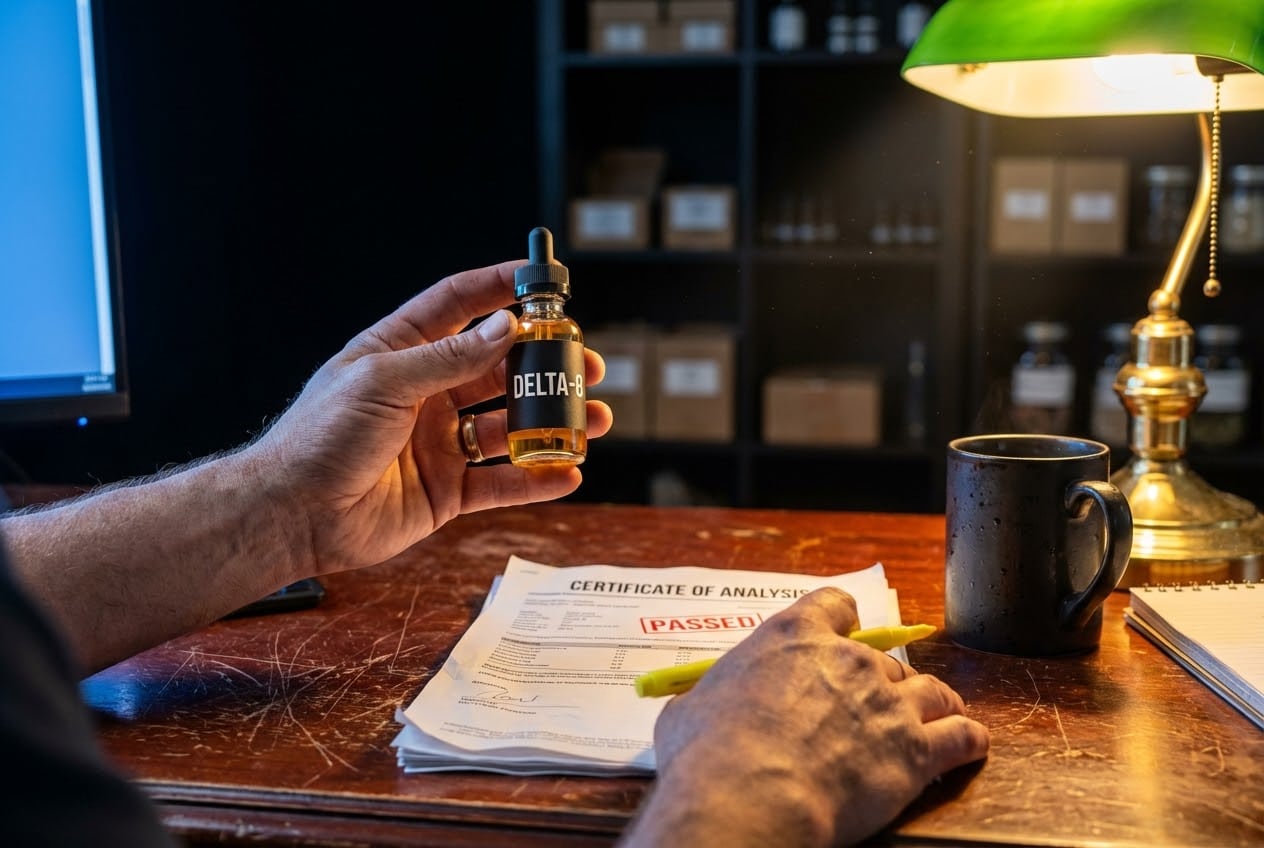 Shop owner auditing product COAs and compliance documents to determine do you need a license to sell delta 8 legally in their state