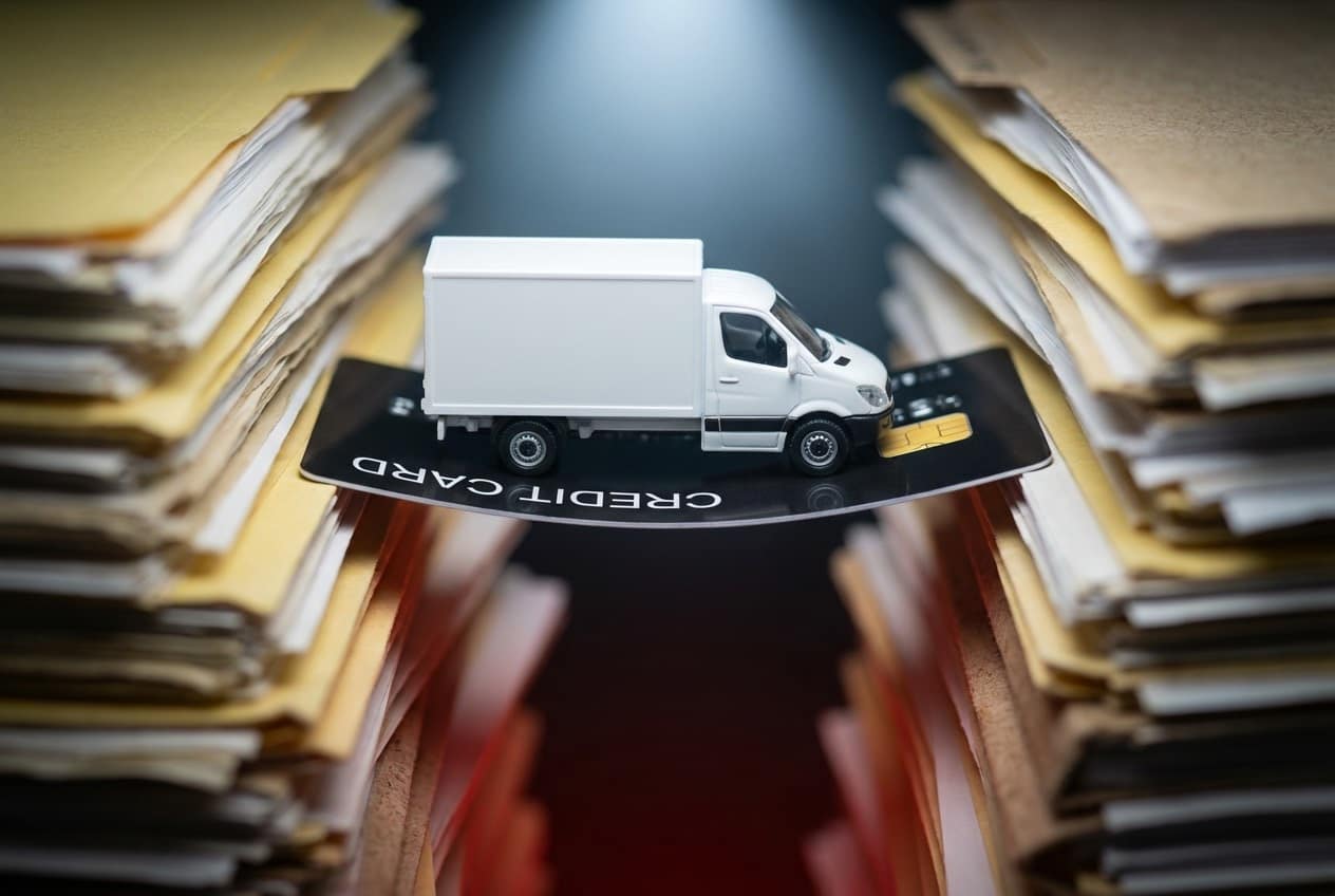 Miniature delivery truck crossing a precarious credit card bridge, illustrating high-risk payment processing challenges for WooCommerce CBD stores