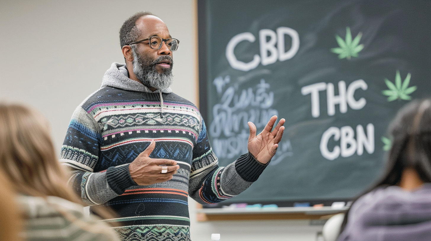 hip professor, standing in front of a class, in a lecture hall, "CBD", "THC", "CBN", and CBC" on the chalkboard, , mirrorless Sony Alpha a7 III, FE 55mm F1.8 ZA, medium close-up, subject left off-center, hand in focus, digital high-resolution, softbox diffused lighting, positive mood, eye contact, casual sweater, f/2.8, 1/200 sec, ISO 200, 55mm, studio white balance