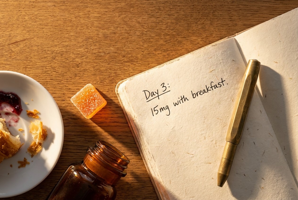 Open notebook on a wooden desk tracking cbd gummies dosage with a brass pen, amber jar, and croissant crumbs indicating a high-fat meal.