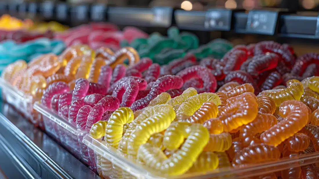 trays of brightly colored CBD gummy worms in a shop