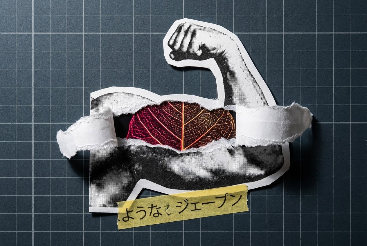 Collage of a muscular arm with a paper tear revealing glowing red plant veins representing vasodilation and blood flow mechanics of a cbd pre workout stack.