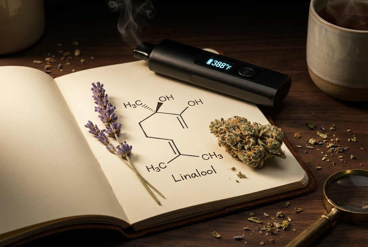 Open notebook displaying a chemical sketch of the lavender terpene Linalool, comparing fresh lavender to a cannabis bud next to a vaporizer set to 388°F.