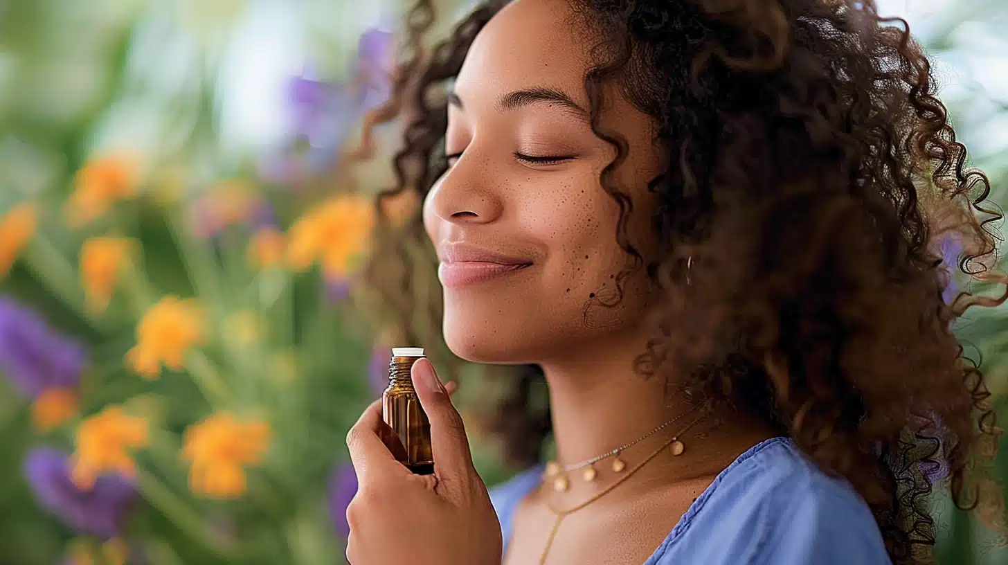 a woman holding an essential oil bottle, demonstrating how to use terpenes by smelling them for relaxation