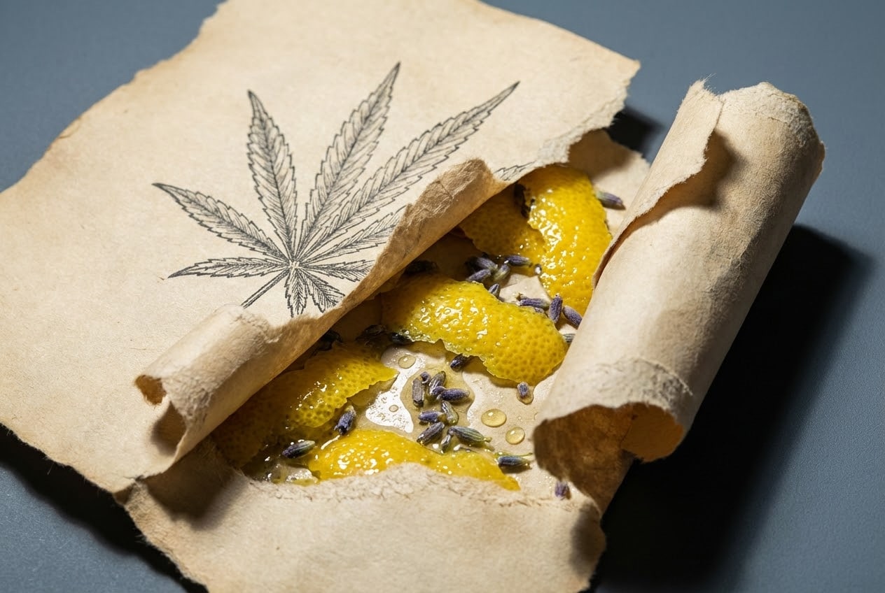 Conceptual collage of a vintage cannabis leaf illustration torn open to reveal fresh lemon and lavender, representing the best terpenes for anxiety relief like Limonene and Linalool.