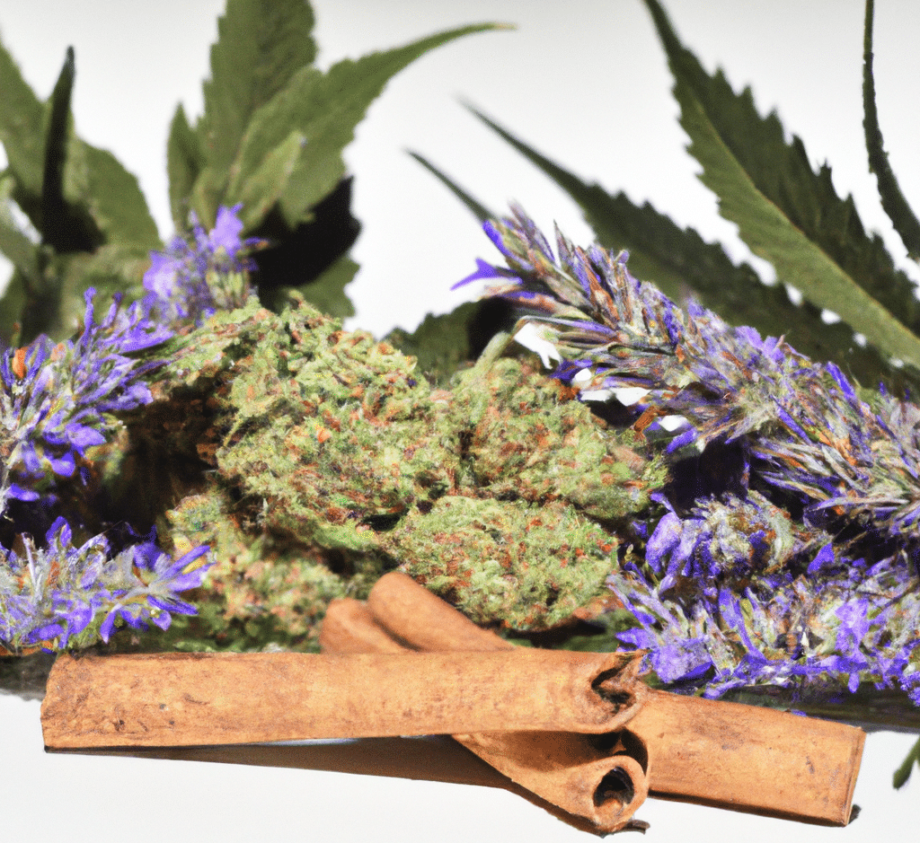 lavender and cannabis flowers with cinnamon sticks on a white background