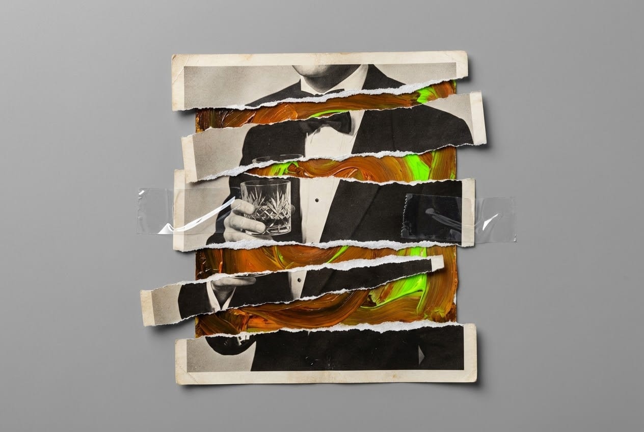 Surreal collage art illustrating the disorienting side effects of mixing delta 9 and alcohol, featuring a fragmented black and white photo of a person holding a drink.