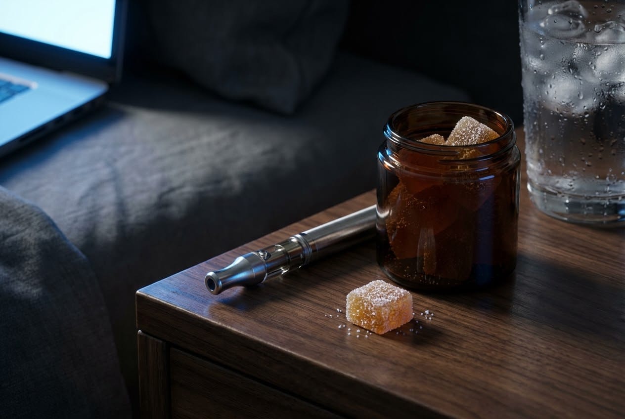 Bedside table with vape pen and gummies depicting cross-tolerance issues, illustrating the answer to does delta 8 affect delta 9 tolerance and the science of receptor downregulation.