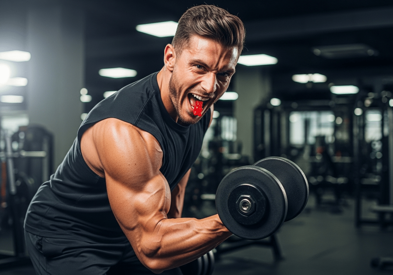 muscular man, doing a bicep curl, eating a delta-9 gummy as part of his pre-workout routine.