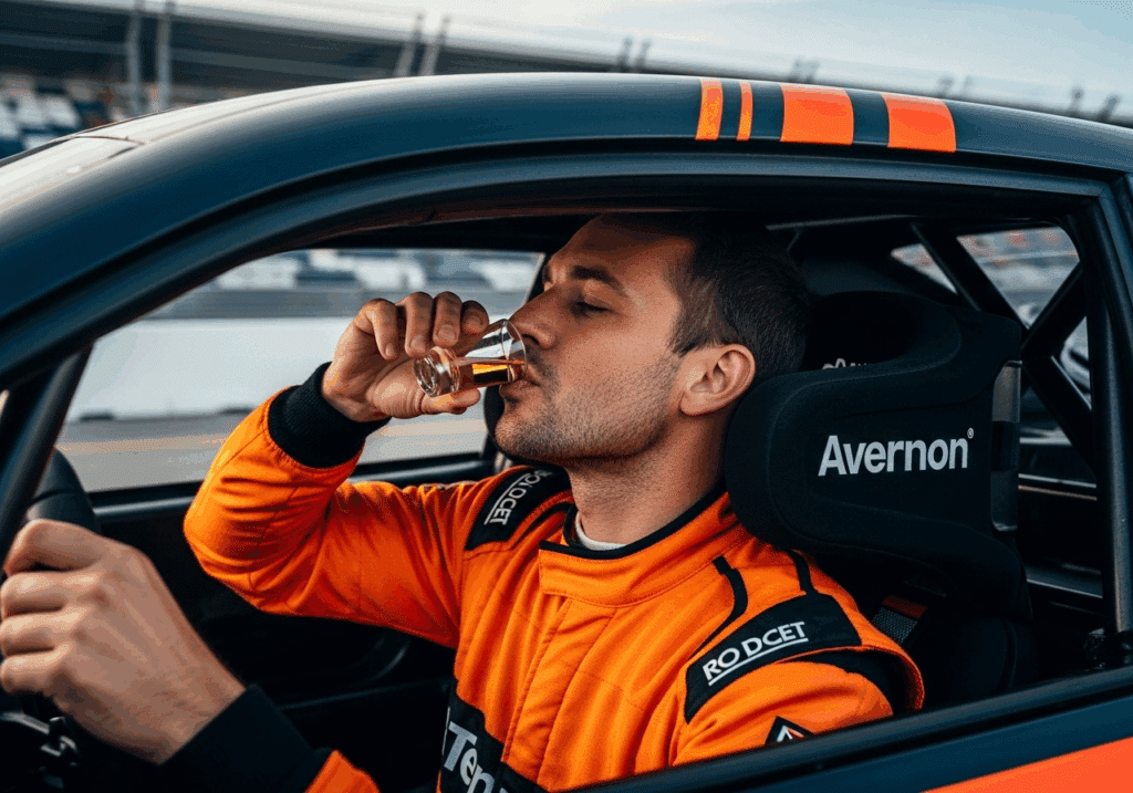 man in race car taking a shot, demonstrating that mixing THC and alcohol significantly speeds up the effect