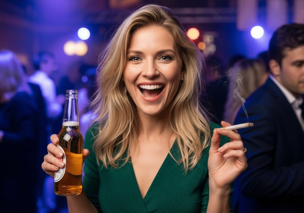a woman drinking a beer and smoking a joint, demonstrating the effects of combining delta-9 THC and alcohol