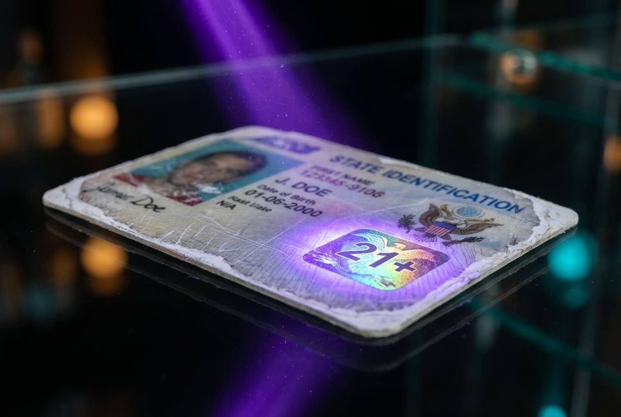 Close-up of a driver's license under a UV light scanner displaying a holographic 21+ seal, visualizing the strict ID verification process and laws regarding how old to buy delta 9.