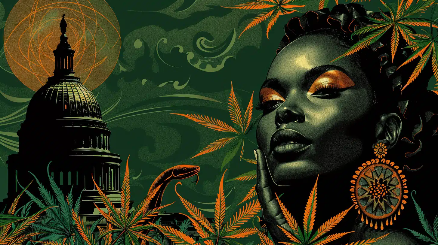 A modern, minimalist vector illustration of the Garden of Eden. Eve, depicted as a contemporary woman in sleek, neutral-toned clothing, stands near a stylized Tree of Knowledge, her hand outstretched towards a glistening cannabis bud on its branches. A geometric serpent coils around a nearby branch, its head close to Eve's ear, subtly suggesting temptation. The garden is adorned with vibrant greens and earthy tones, while the cannabis buds are rendered in rich, alluring colors. In the background, a recognizable silhouette of the U.S. Capitol Building looms, its iconic dome and columns reduced to simple, monochromatic shapes, representing the legal and regulatory complexities surrounding hemp-derived cannabinoids. The overall composition is clean and sophisticated, with a focus on key elements and a limited color palette, creating a striking visual that encapsulates the study's themes of temptation, regulatory challenges, and the future of hemp regulations.