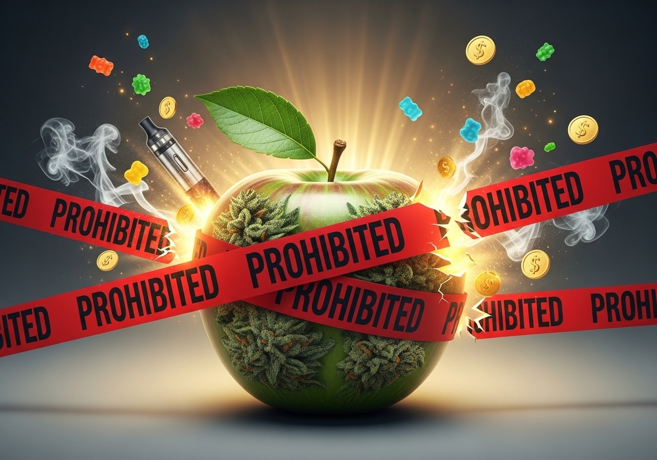 A high-contrast, photorealistic image. In the center is a perfect, glistening apple, but its skin has the distinct texture and deep green color of a cannabis bud. Wrapped tightly around the apple is bold, red "PROHIBITED" caution tape (representing cannabis bans), like the kind used by law enforcement. However, the tape is bursting at the seams, unable to contain what's inside. From the cracks in the tape, a bright, golden light emanates, and small, glowing objects are exploding outwards: Colorful, candy-like gummies. Wisps of vapor from a vape pen. Cascading gold coins and dollar signs.