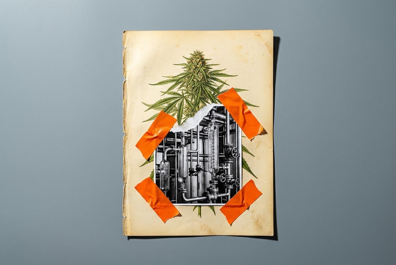 Vintage cannabis botanical illustration collaged with industrial chemical piping representing the safety comparison of hhc vs hhcp vs hhco