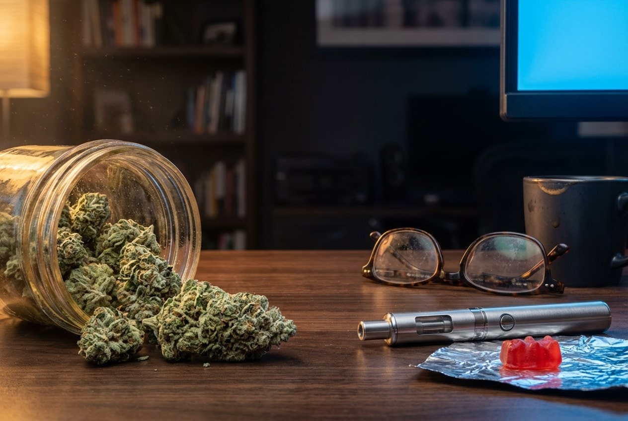 Raw cannabis flower buds next to a vape pen and gummy on a desk, illustrating the visual difference between hhc vs thca product forms.