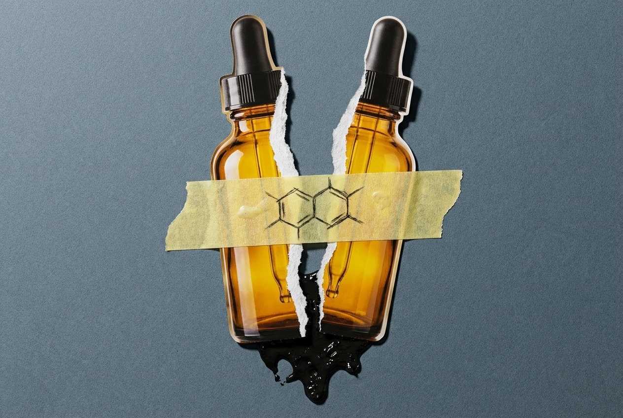 Editorial collage of a ripped gold oil bottle revealing black sludge, visualizing the chemical impurity behind the question what is delta 6.