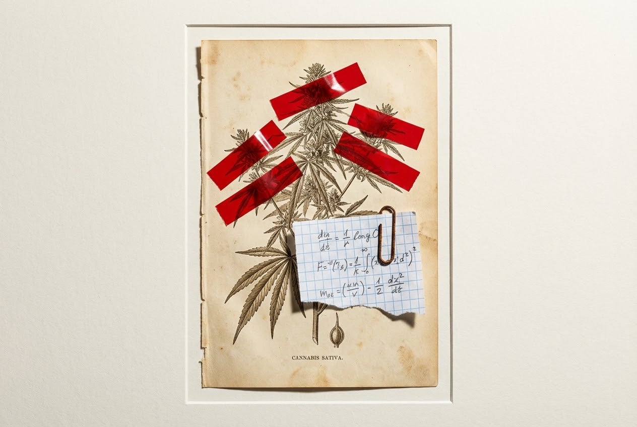 Vintage botanical hemp illustration covered in red redaction tape and graph paper, symbolizing regulatory compliance challenges for those learning how to start a CBD business.