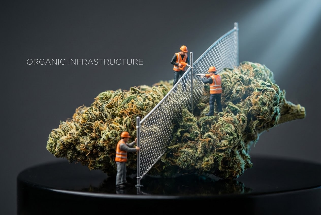 acro tilt-shift diorama of a hemp bud split by a miniature fence visualizing the legal distinction of THCa vs THC