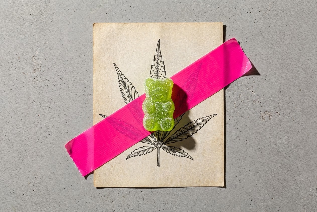 Conceptual mixed media art of a vintage cannabis leaf covered by a sugar-coated gummy bear illustrating the legal difference between hemp delta 9 vs THC