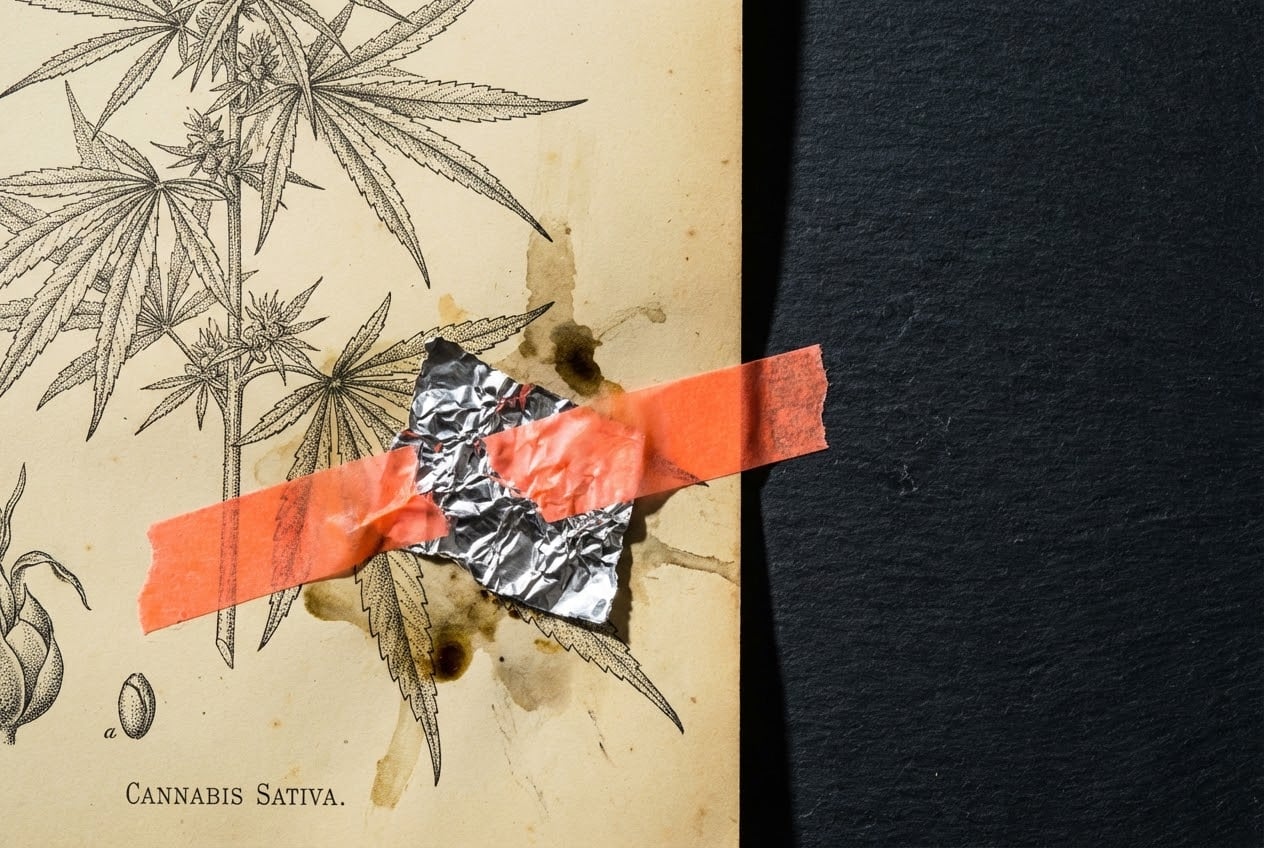 Vintage botanical cannabis illustration patched with synthetic silver foil tape representing the natural versus chemical differences of hhc vs delta 9