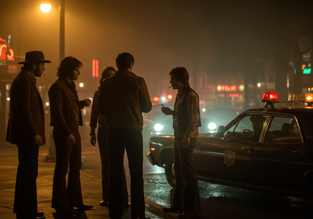 Cinematic 1970s-style scene showing young people gathered under a street lamp at night, sharing what appears to be a cigarette, but might be HHC, while a police officer observes them thoughtfully from a vintage patrol car in the background.
