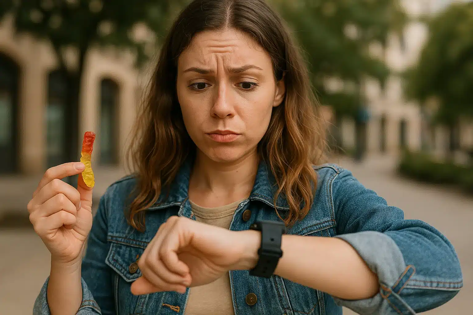 Woman looking at her watch, wondering how to make edibles hit faster, while waiting for her half-eaten gummy worm to kick in