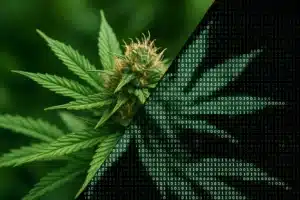 a flowering cannabis plant with the image split diagonally. On the left, it's vibrant and natural, on the right, it's binary, representing synthetic cannabis and delta-9