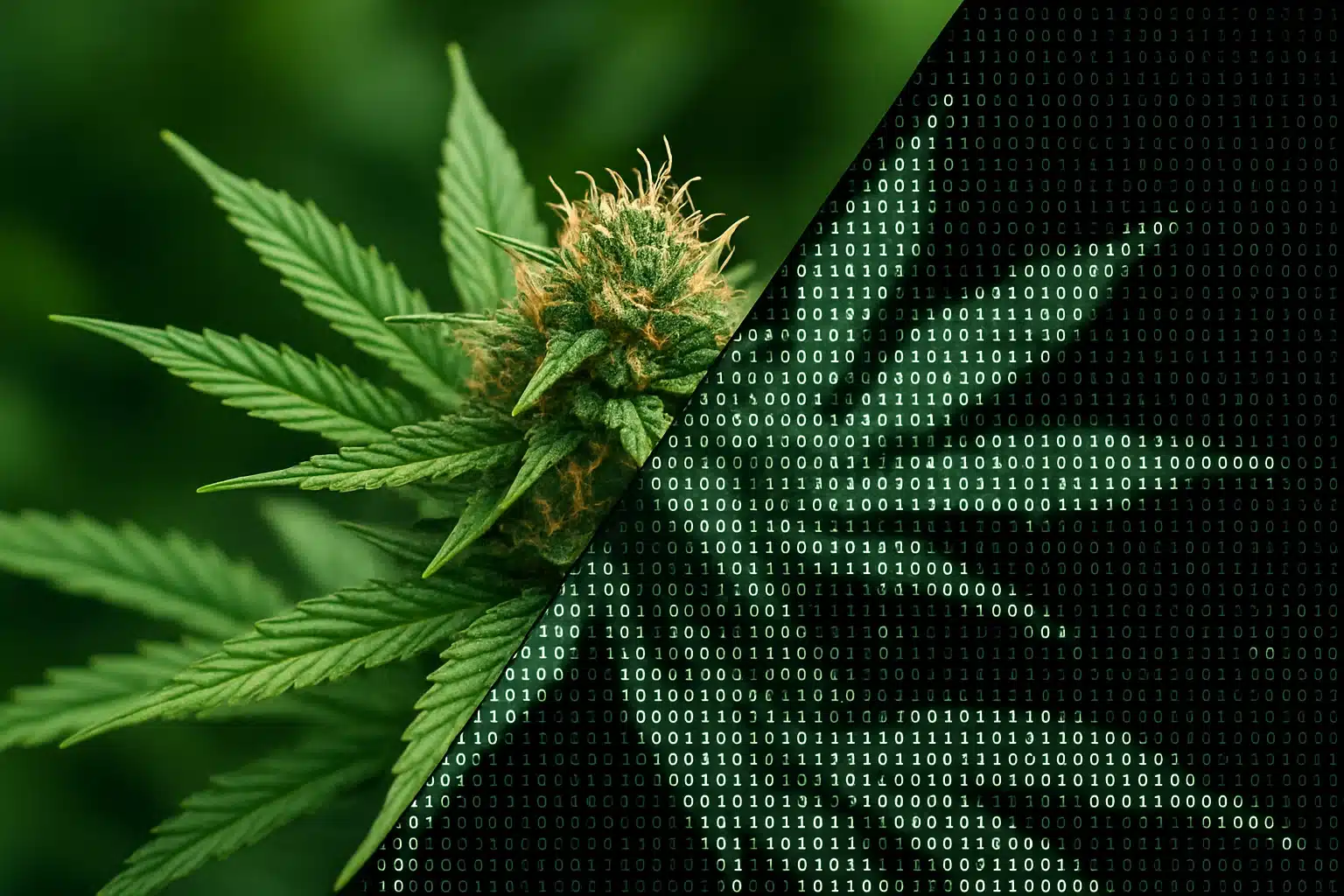 a flowering cannabis plant with the image split diagonally. On the left, it's vibrant and natural, on the right, it's binary, representing synthetic cannabis and delta-9