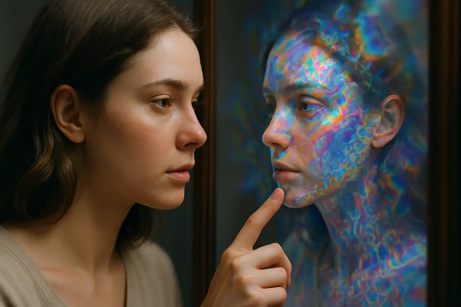woman touching her own psychedelic image in the mirror after ingesting a research chemical