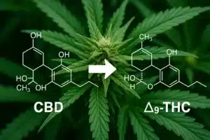 a cannabis plant with the organic chemistry representation of CBD and THC overlayed. A arrow from the CBD molecule to the THC molecule represents CBD being converted into delta-9 THC, answering the question, "how is delta-9 THC made?".