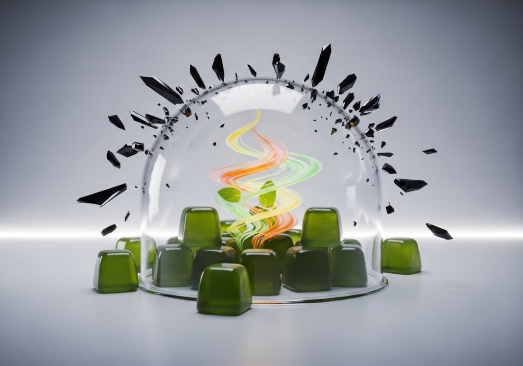 translucent glass dome acting like a force field over glossy hemp gummies on a clean matte surface; outside the dome, dark angular crystalline shards (symbolizing bitterness) are visibly deflecting and bouncing away; inside the dome: soft fruit-colored aromatic swirls (citrus, mint) suggesting pleasant flavor; elegant minimal backdrop, soft rim lighting highlighting the dome edges, shallow depth of field