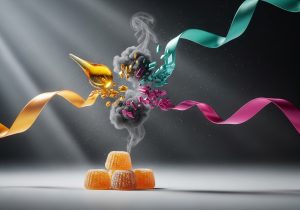 Golden flavor collides with a dark bitterness cloud that bursts into colorful ribbons, symbolizing hemp taste-masking.