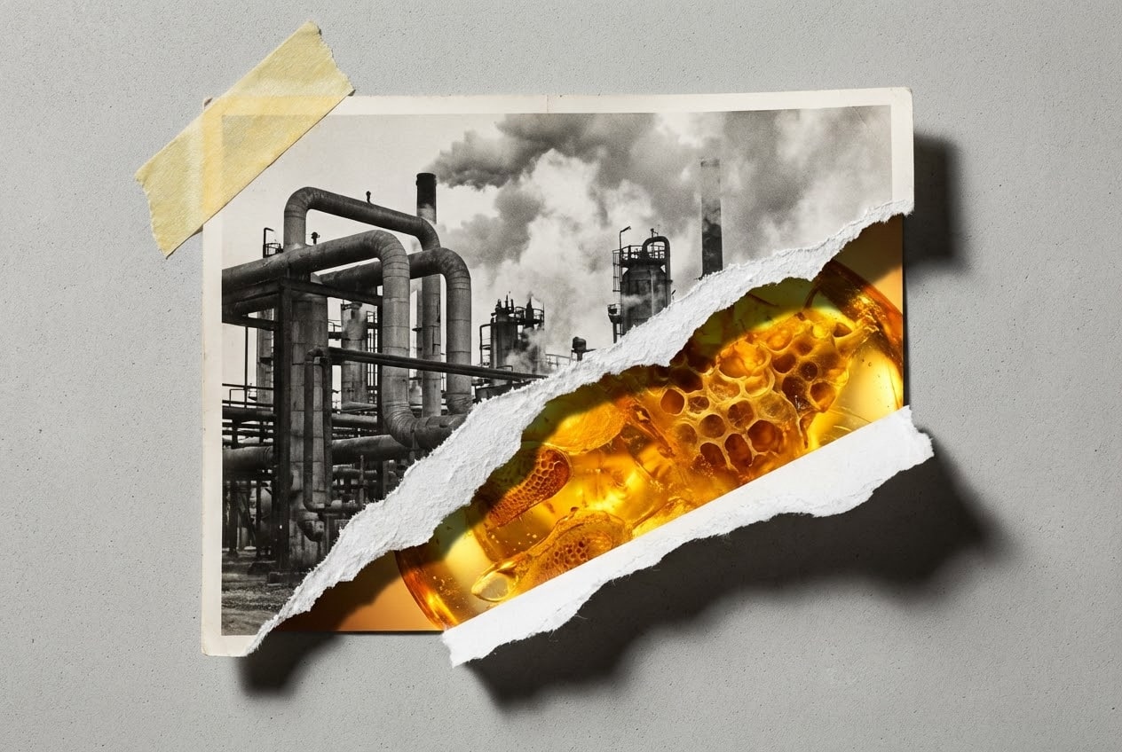 Conceptual mixed-media collage illustrating the HHC vs Delta 8 purity gap, featuring a torn vintage industrial photo revealing clean, glowing golden amber resin underneath.