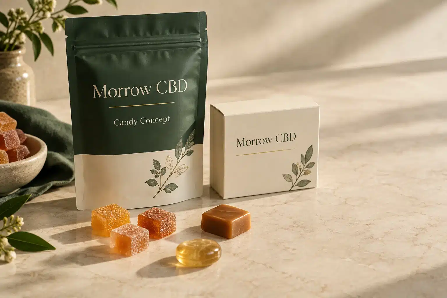 Morrow CBD candy concept pouch and box with muted fruit chew, hard candy, and caramel samples.