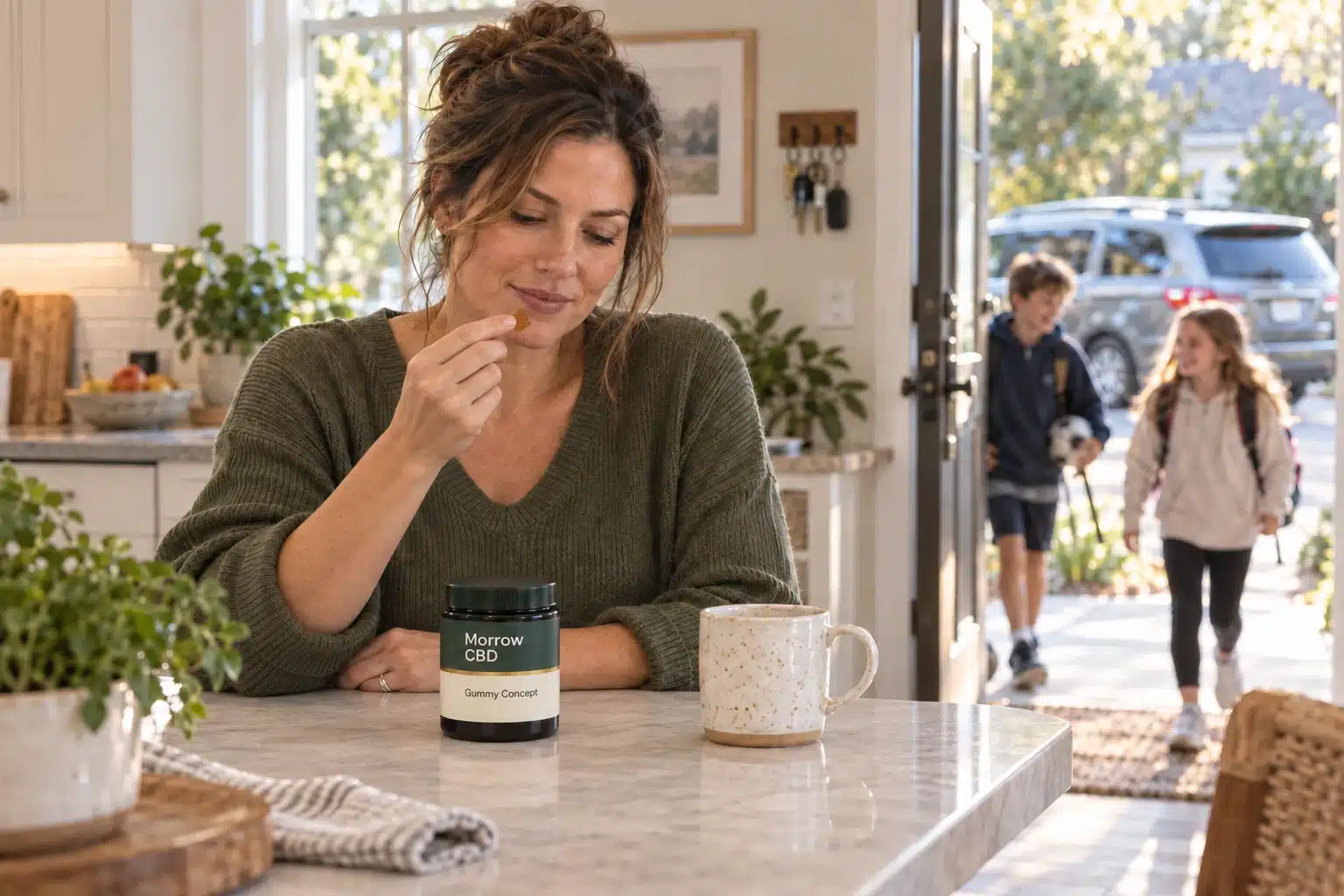 Mother with a Morrow CBD gummy concept jar at home as her children return beside a parked minivan.