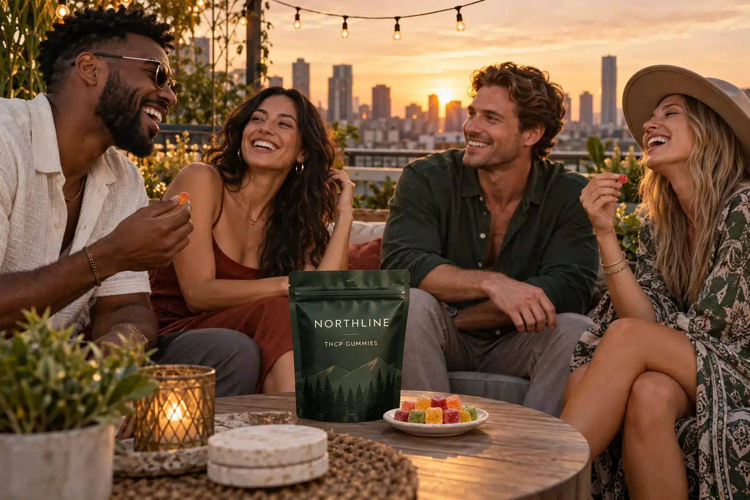 Adults laughing together at sunset with NORTHLINE THCP gummies on a rooftop table