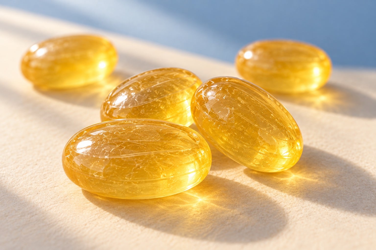 Glossy golden oval hard candies in warm light.